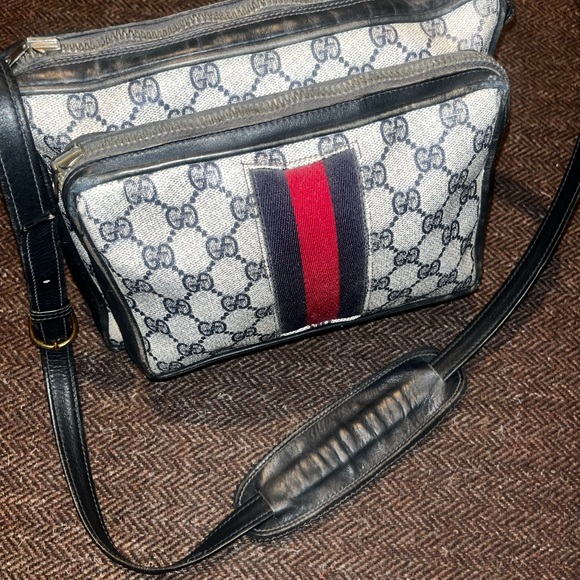 Gucci Handbags - Gucci Monogram Crossbody Bag with Red and Navy Web Stripe